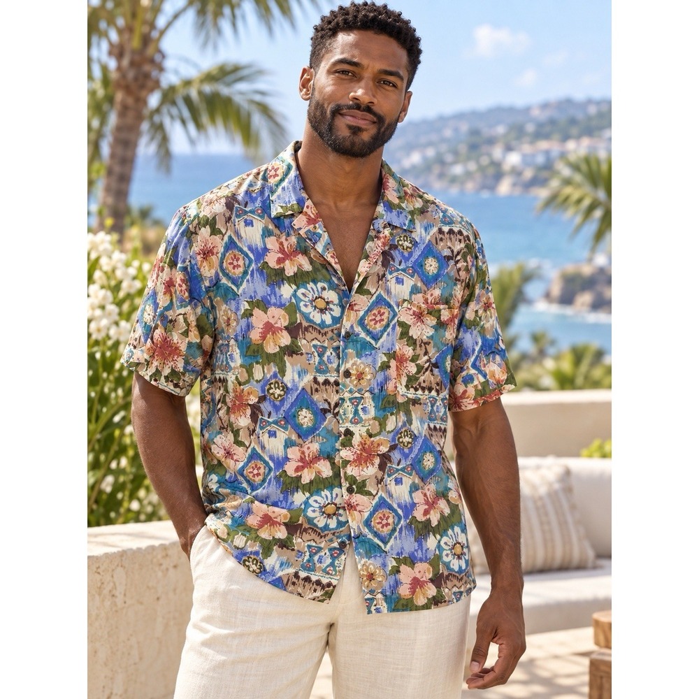 Robert Stock Mens Floral Silk Woven Shirt Multicolor Point Collar Short Sleeve